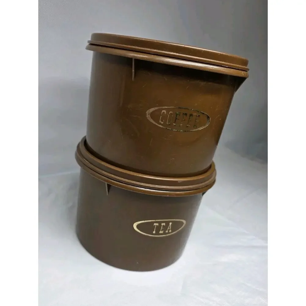 Vintage Tupperware Brown Coffee & Tea Container Set with Brown Lids
